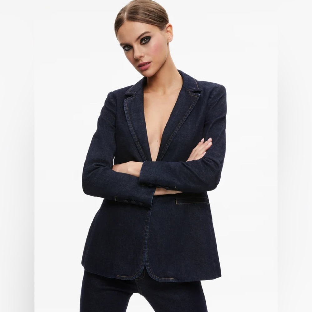 Alice + Olivia Macey Notch Collar Fitted Denim Blazer- Dark Rinse